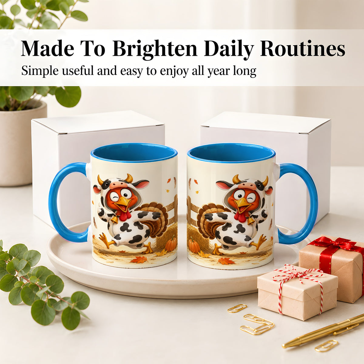 #pl[11oz|Blue] Funny Turkey Accent Mug, Ceramic Mug with Cow Costume Fall Artwork