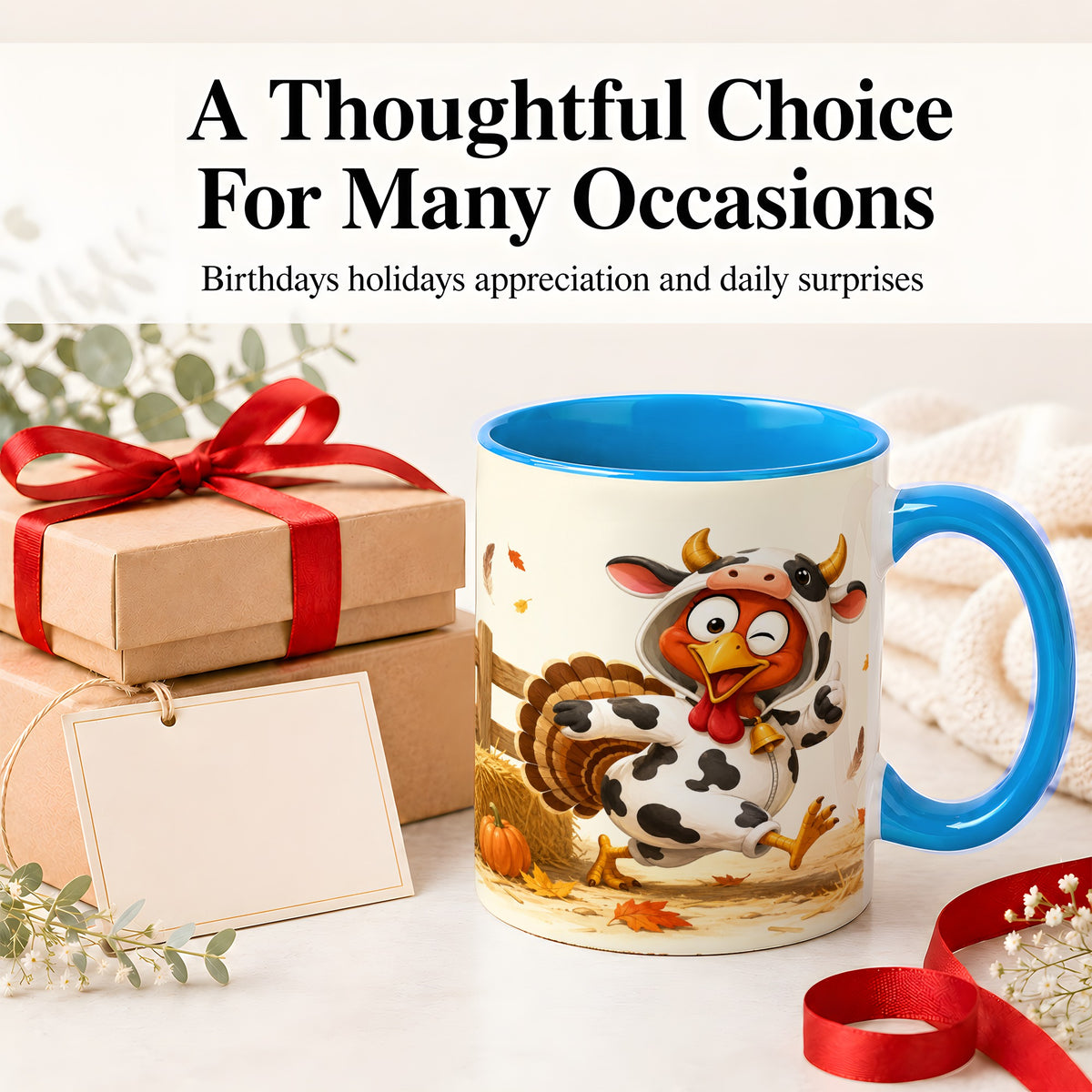 #pl[11oz|Blue] Funny Turkey Accent Mug, Ceramic Mug with Cow Costume Fall Artwork