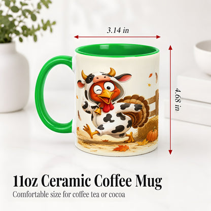 #pl[11oz|Green] Funny Turkey Accent Mug, Ceramic Mug with Cow Costume Fall Artwork