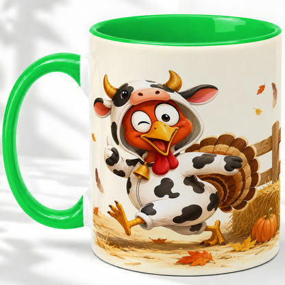 #pl[11oz|Green] Funny Turkey Accent Mug, Ceramic Mug with Cow Costume Fall Artwork