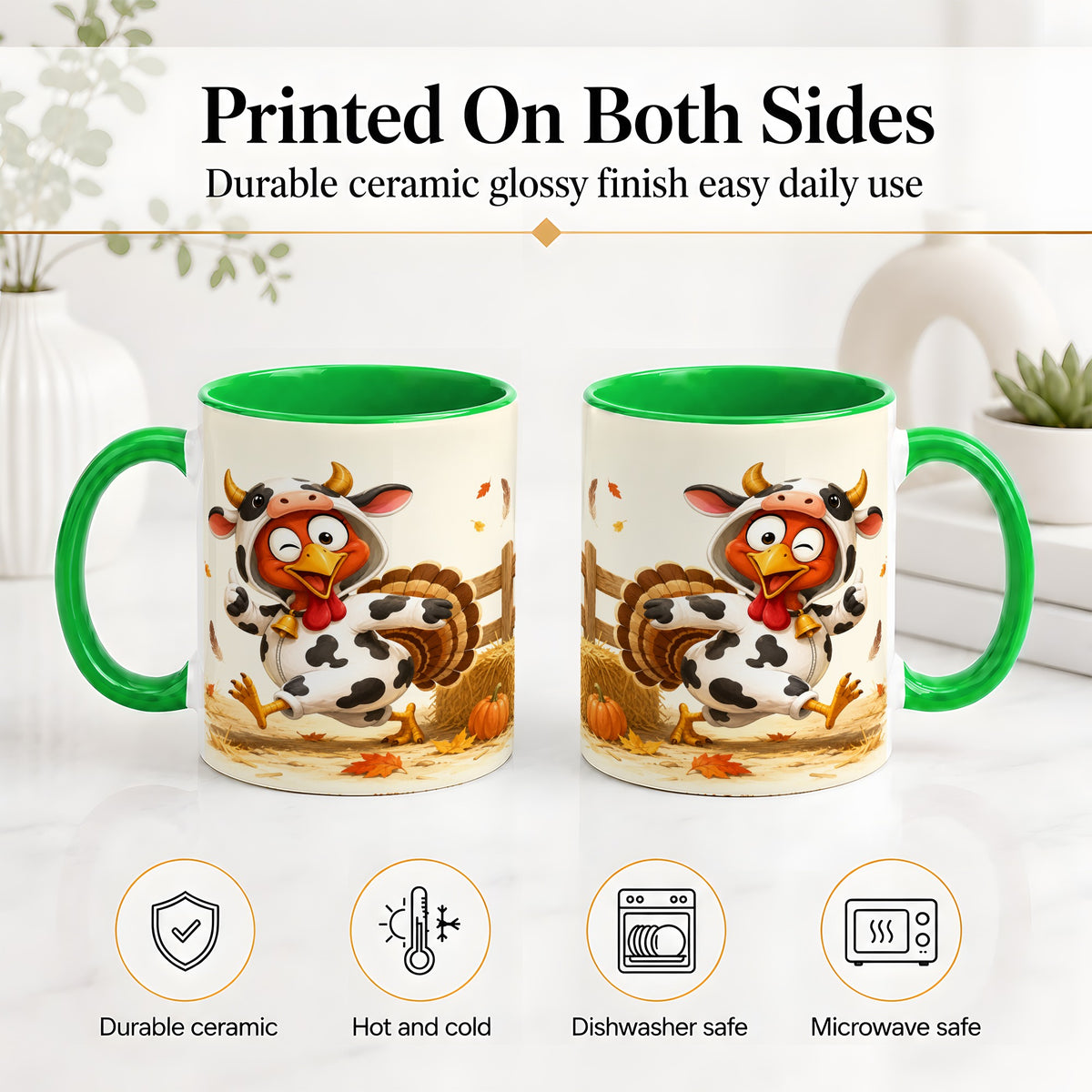 #pl[11oz|Green] Funny Turkey Accent Mug, Ceramic Mug with Cow Costume Fall Artwork