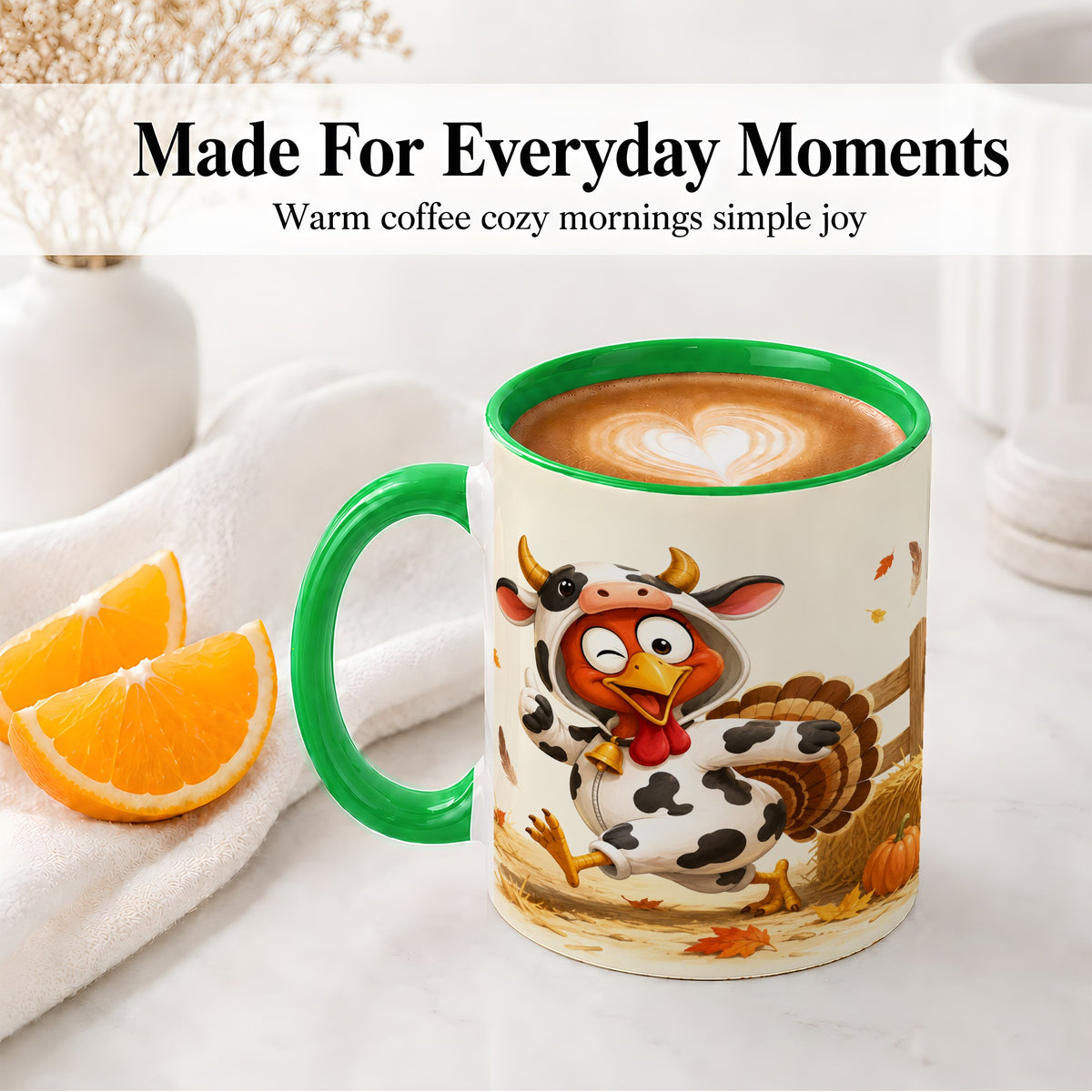 #pl[11oz|Green] Funny Turkey Accent Mug, Ceramic Mug with Cow Costume Fall Artwork