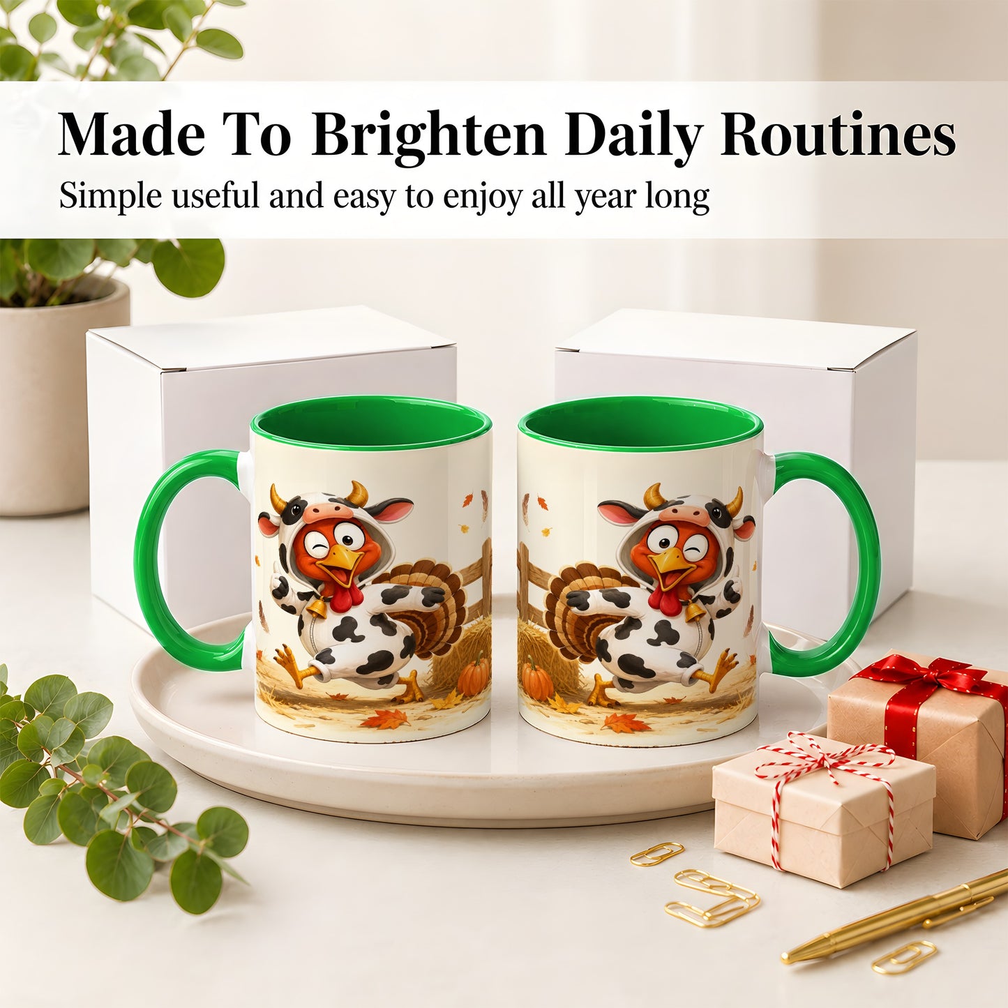 #pl[11oz|Green] Funny Turkey Accent Mug, Ceramic Mug with Cow Costume Fall Artwork