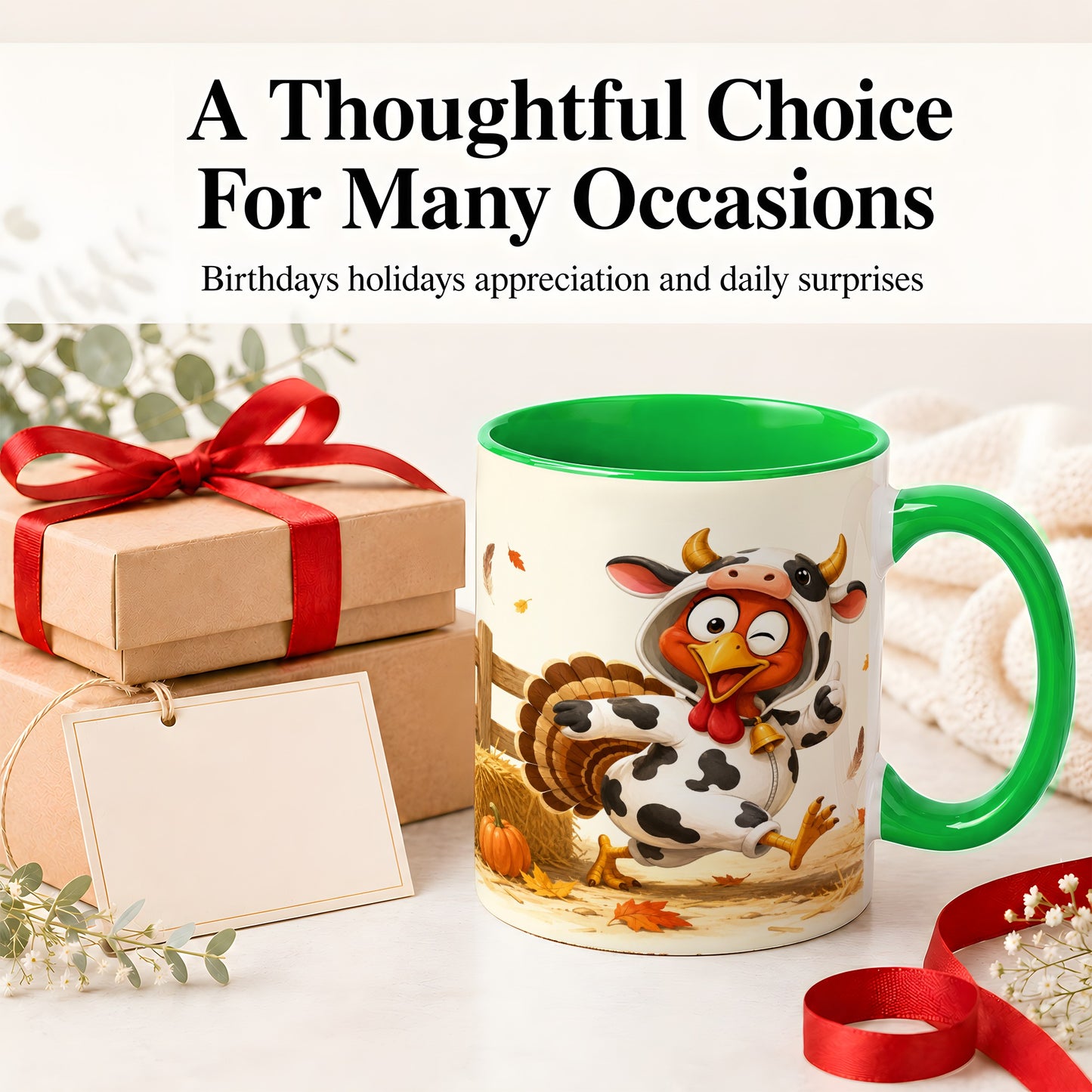 #pl[11oz|Green] Funny Turkey Accent Mug, Ceramic Mug with Cow Costume Fall Artwork