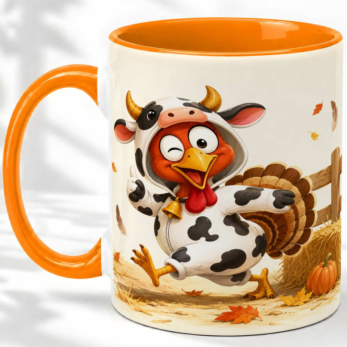 #pl[11oz|Orange] Funny Turkey Accent Mug, Ceramic Mug with Cow Costume Fall Artwork