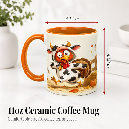 #pl[11oz|Orange] Funny Turkey Accent Mug, Ceramic Mug with Cow Costume Fall Artwork