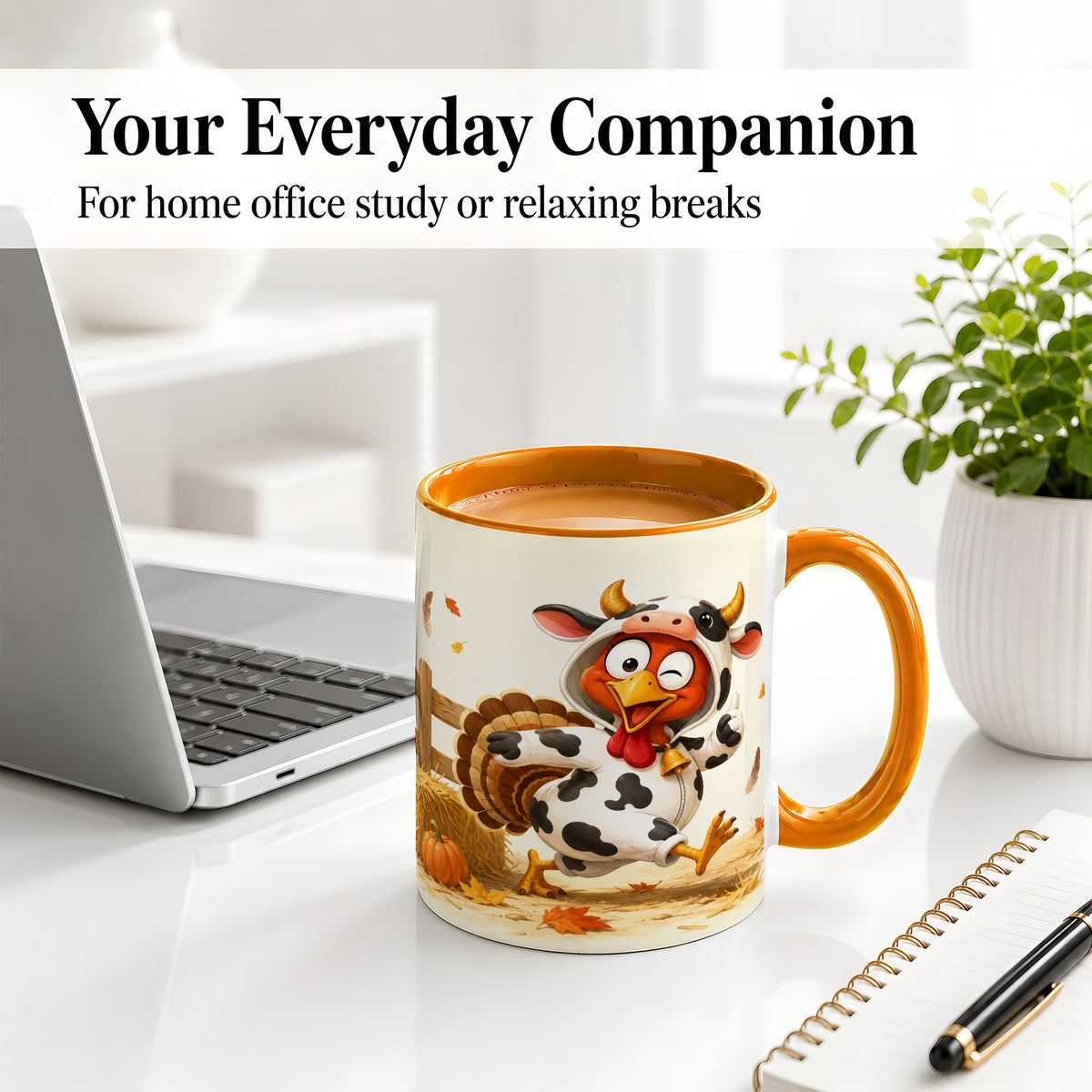 #pl[11oz|Orange] Funny Turkey Accent Mug, Ceramic Mug with Cow Costume Fall Artwork