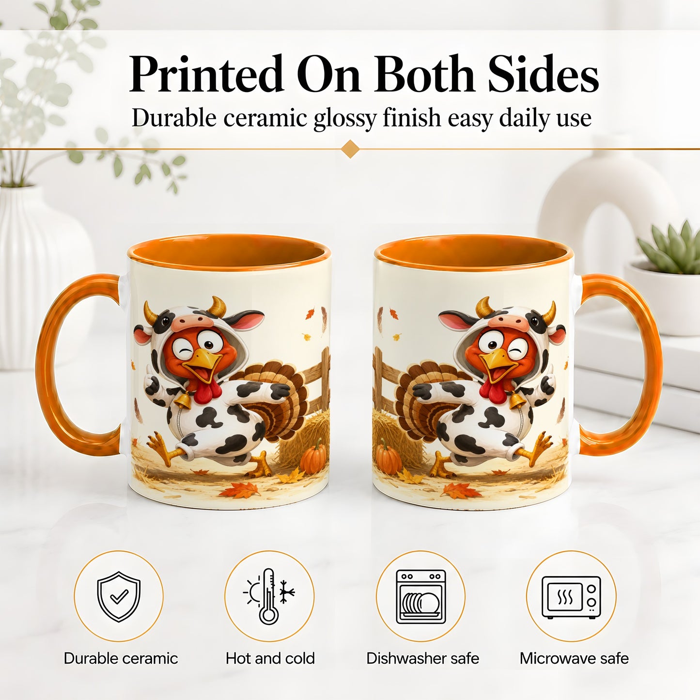 #pl[11oz|Orange] Funny Turkey Accent Mug, Ceramic Mug with Cow Costume Fall Artwork