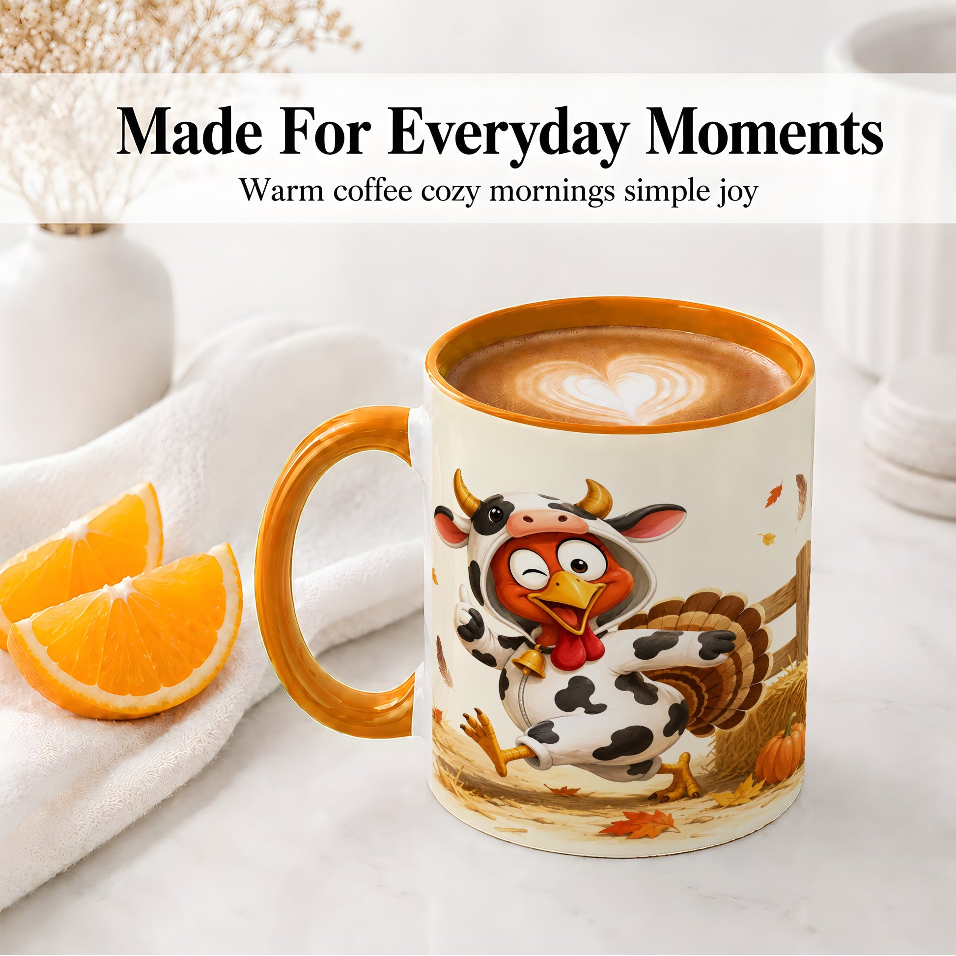 #pl[11oz|Orange] Funny Turkey Accent Mug, Ceramic Mug with Cow Costume Fall Artwork