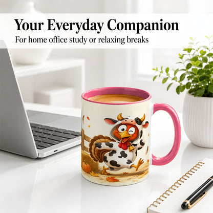 #pl[11oz|Pink] Funny Turkey Accent Mug, Ceramic Mug with Cow Costume Fall Artwork