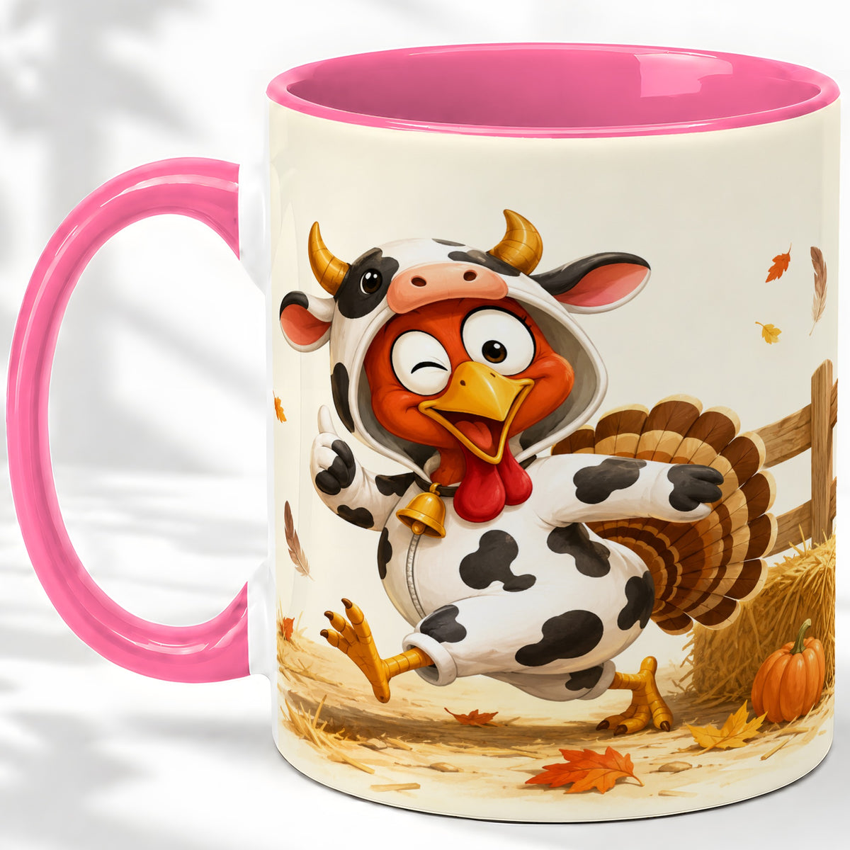#pl[11oz|Pink] Funny Turkey Accent Mug, Ceramic Mug with Cow Costume Fall Artwork