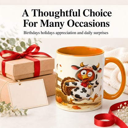 #pl[11oz|Orange] Funny Turkey Accent Mug, Ceramic Mug with Cow Costume Fall Artwork
