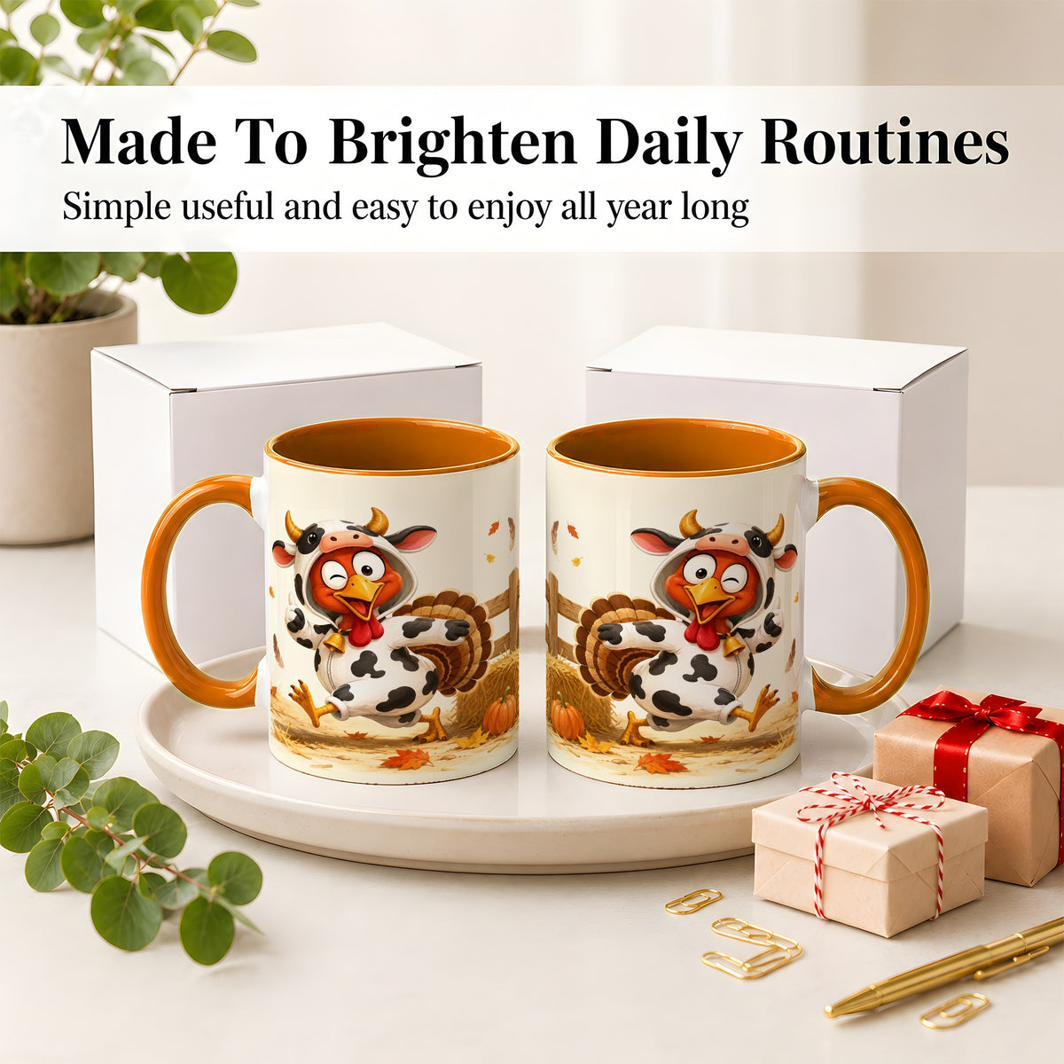 #pl[11oz|Orange] Funny Turkey Accent Mug, Ceramic Mug with Cow Costume Fall Artwork