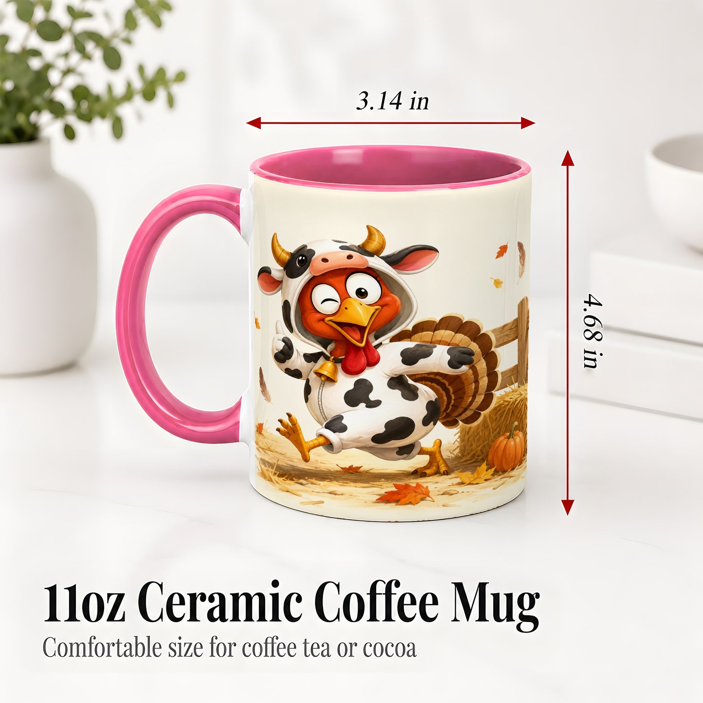 #pl[11oz|Pink] Funny Turkey Accent Mug, Ceramic Mug with Cow Costume Fall Artwork