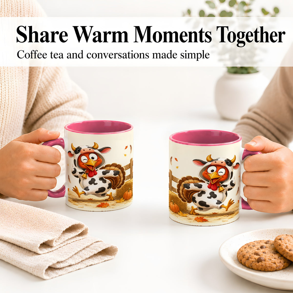 #pl[11oz|Pink] Funny Turkey Accent Mug, Ceramic Mug with Cow Costume Fall Artwork