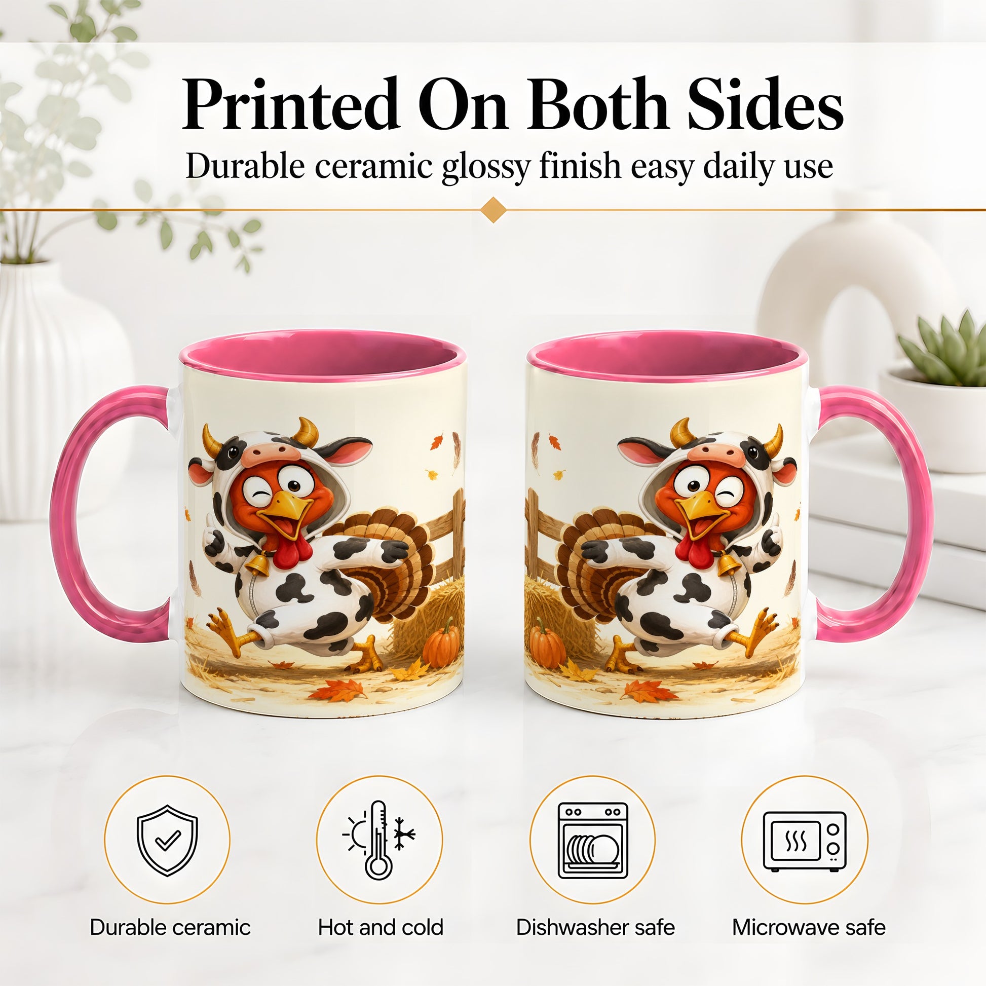 #pl[11oz|Pink] Funny Turkey Accent Mug, Ceramic Mug with Cow Costume Fall Artwork