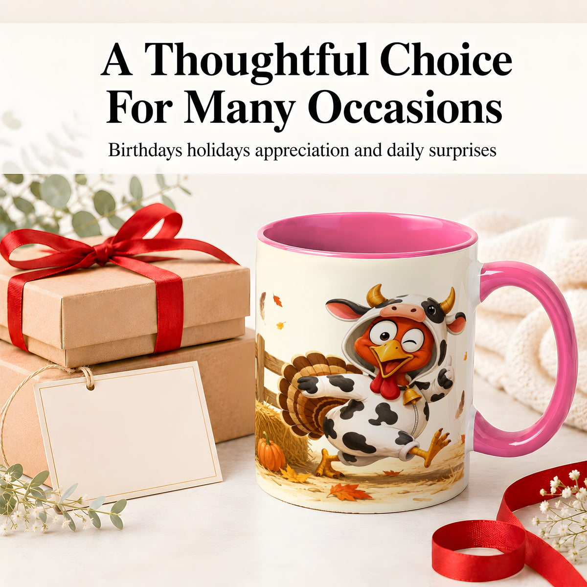 #pl[11oz|Pink] Funny Turkey Accent Mug, Ceramic Mug with Cow Costume Fall Artwork