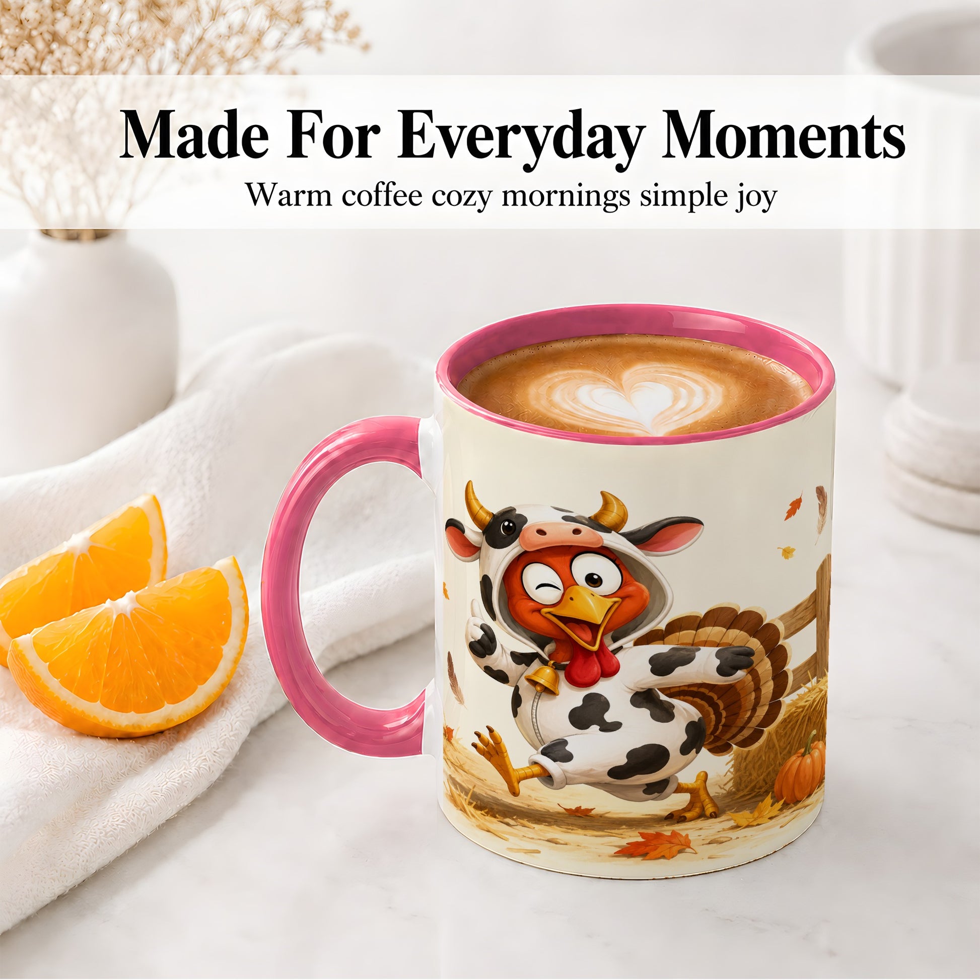 #pl[11oz|Pink] Funny Turkey Accent Mug, Ceramic Mug with Cow Costume Fall Artwork