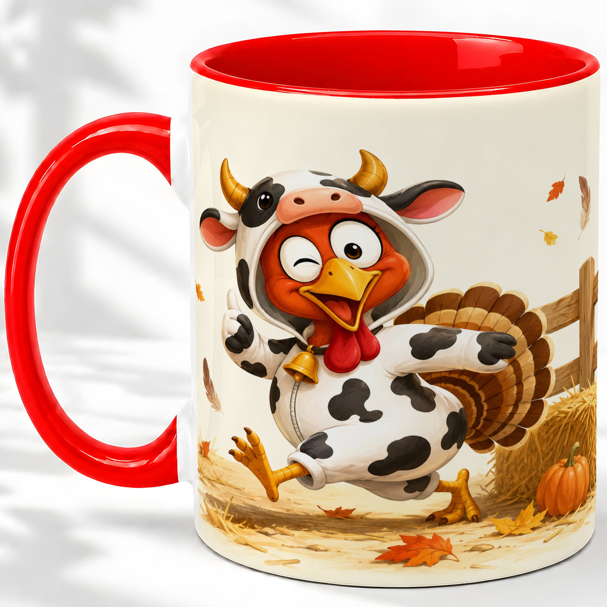 Funny Turkey Accent Mug, Ceramic Mug with Cow Costume Fall Artwork