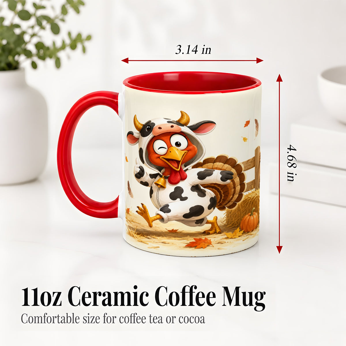 #pl[11oz|Red] Funny Turkey Accent Mug, Ceramic Mug with Cow Costume Fall Artwork