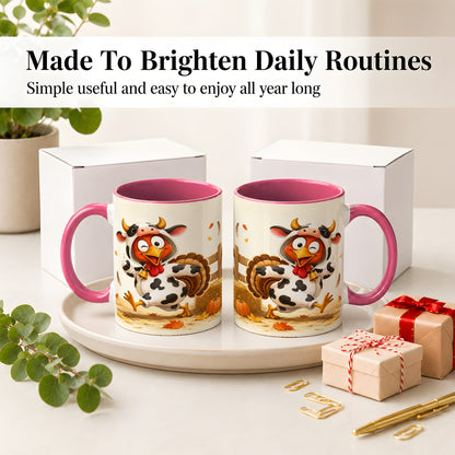 #pl[11oz|Pink] Funny Turkey Accent Mug, Ceramic Mug with Cow Costume Fall Artwork