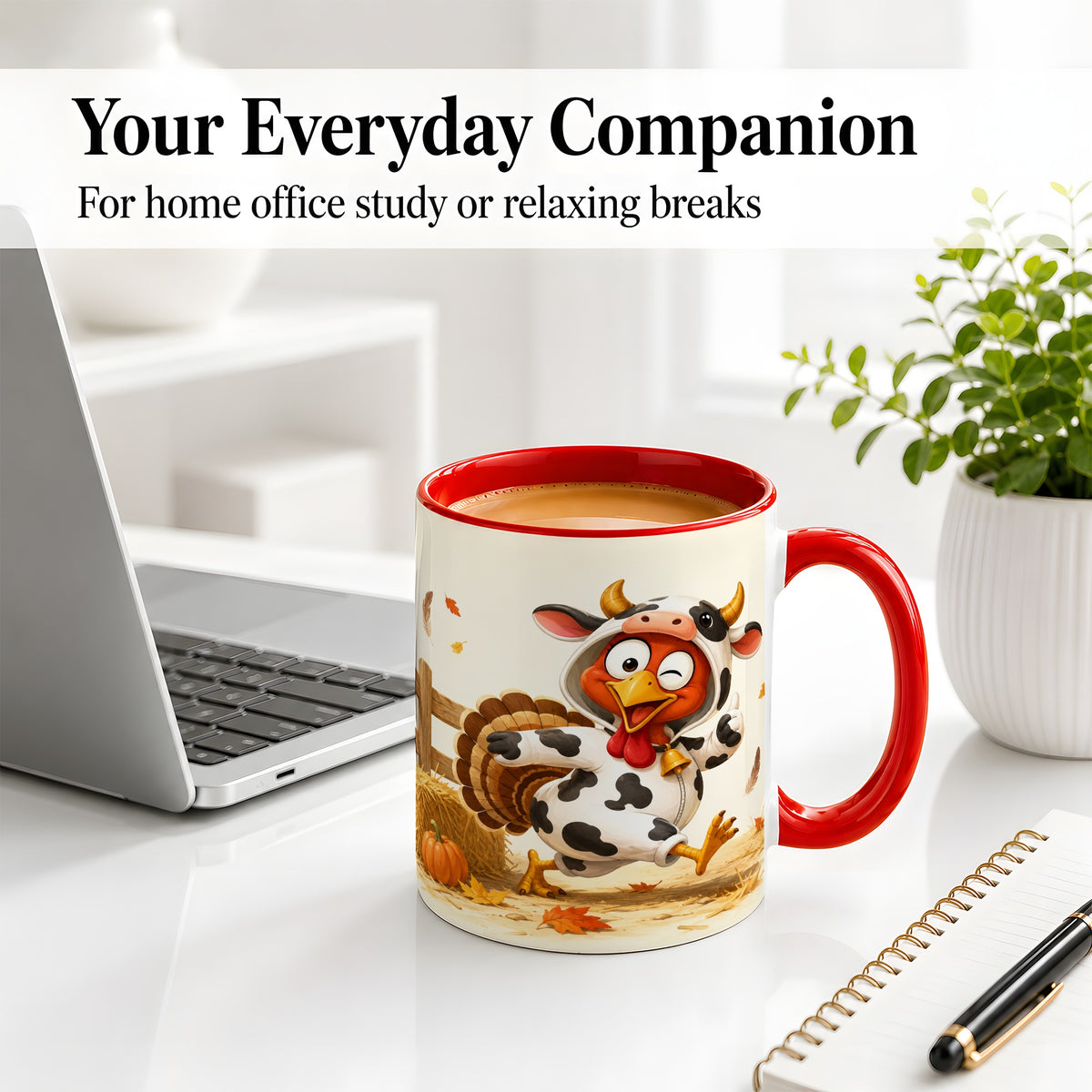 #pl[11oz|Red] Funny Turkey Accent Mug, Ceramic Mug with Cow Costume Fall Artwork