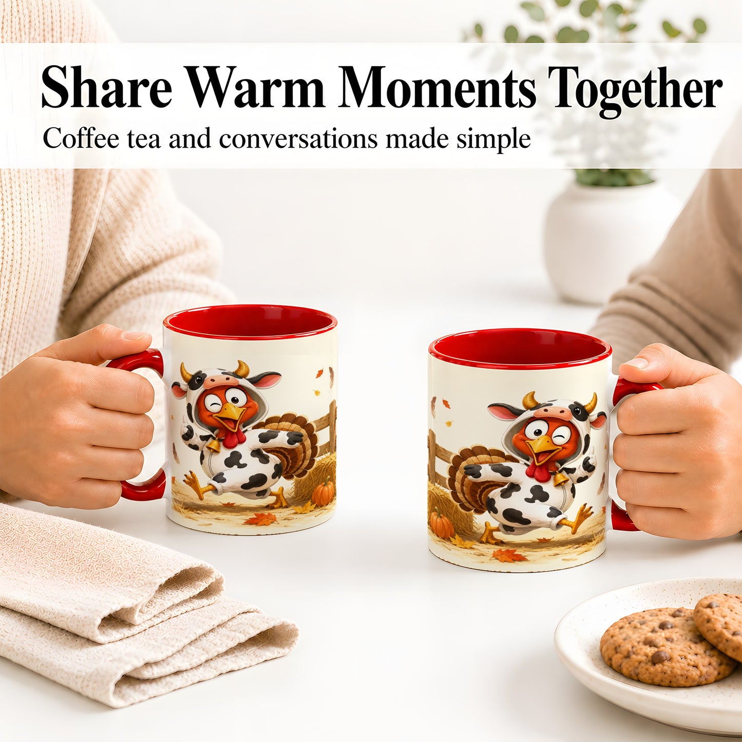 #pl[11oz|Red] Funny Turkey Accent Mug, Ceramic Mug with Cow Costume Fall Artwork