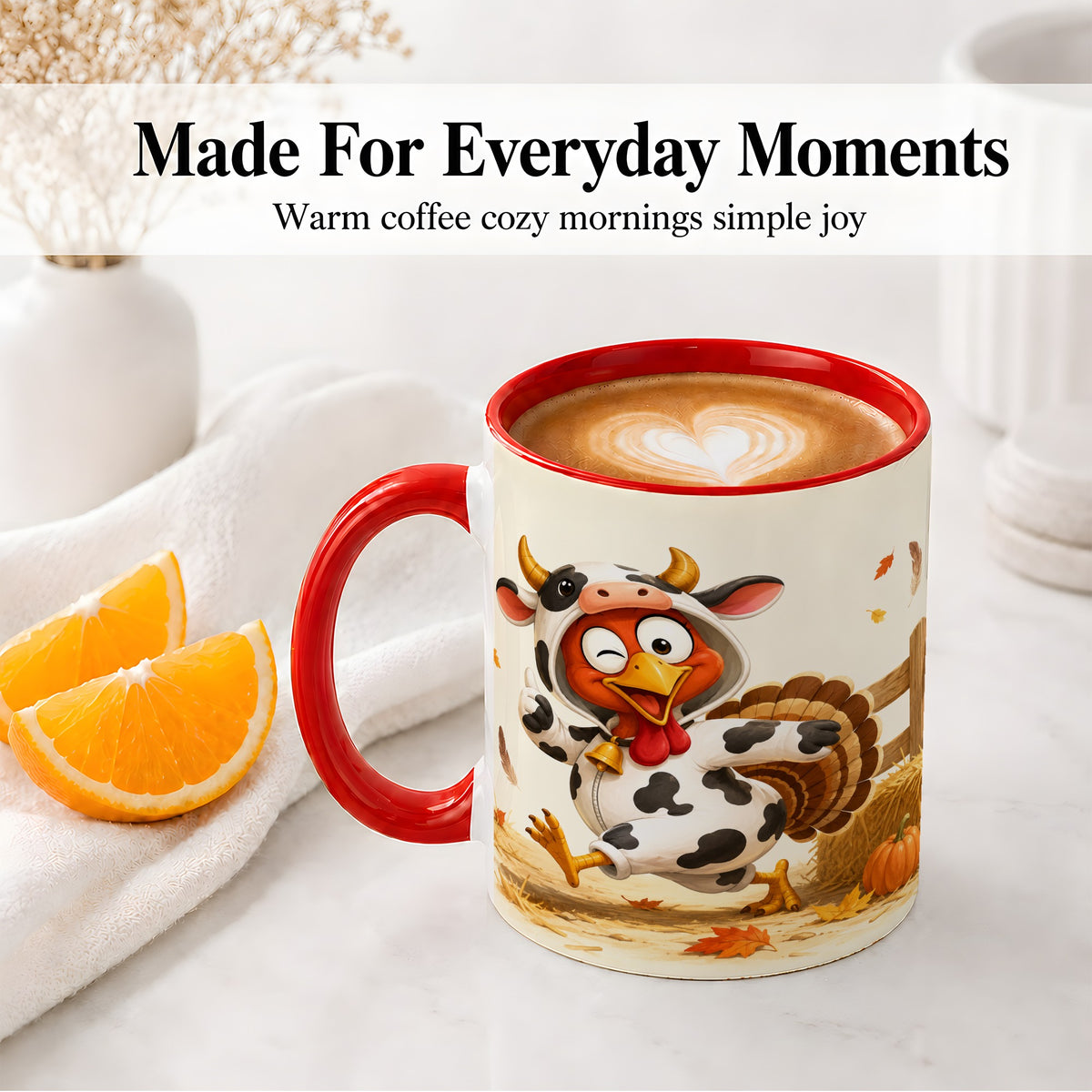 #pl[11oz|Red] Funny Turkey Accent Mug, Ceramic Mug with Cow Costume Fall Artwork