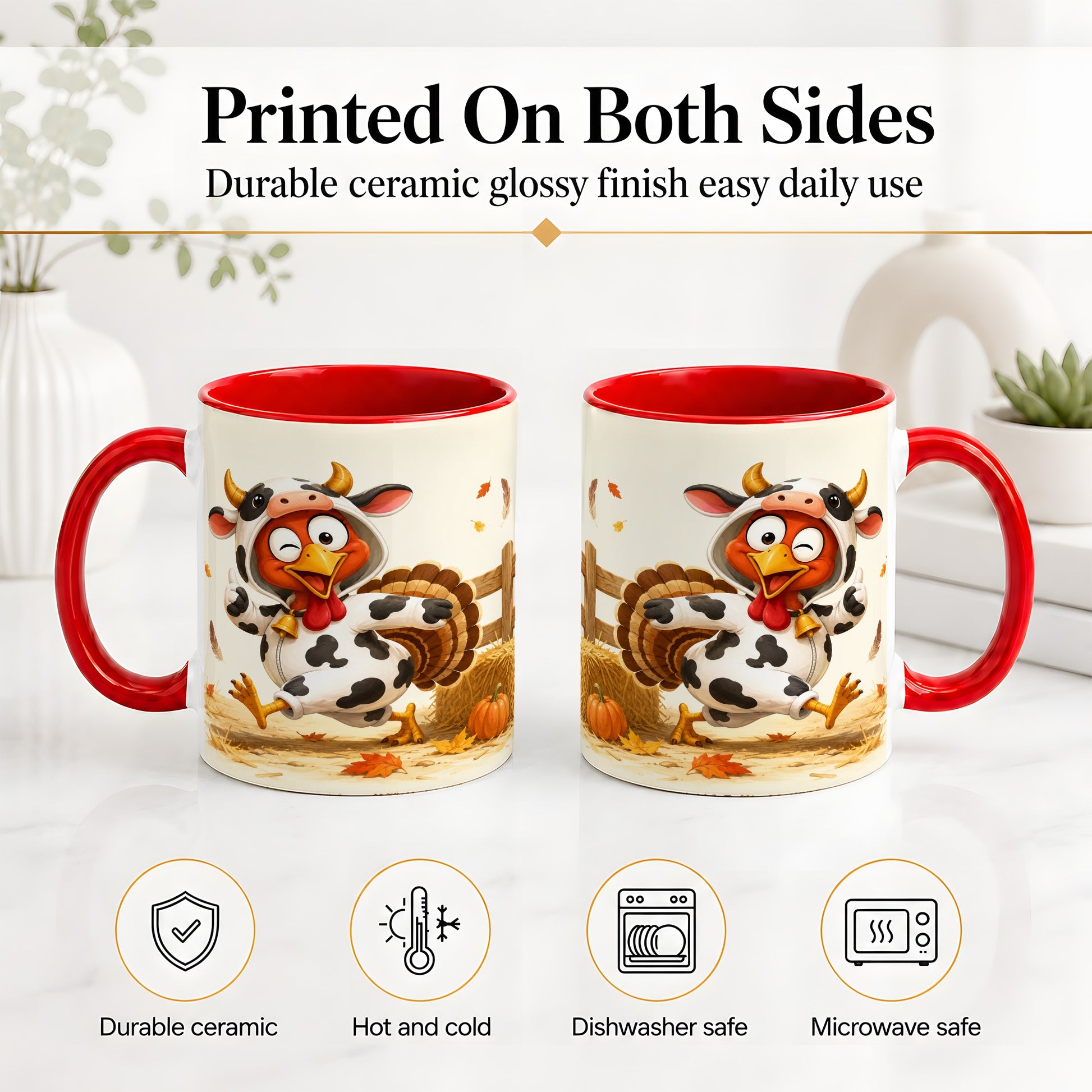 #pl[11oz|Red] Funny Turkey Accent Mug, Ceramic Mug with Cow Costume Fall Artwork