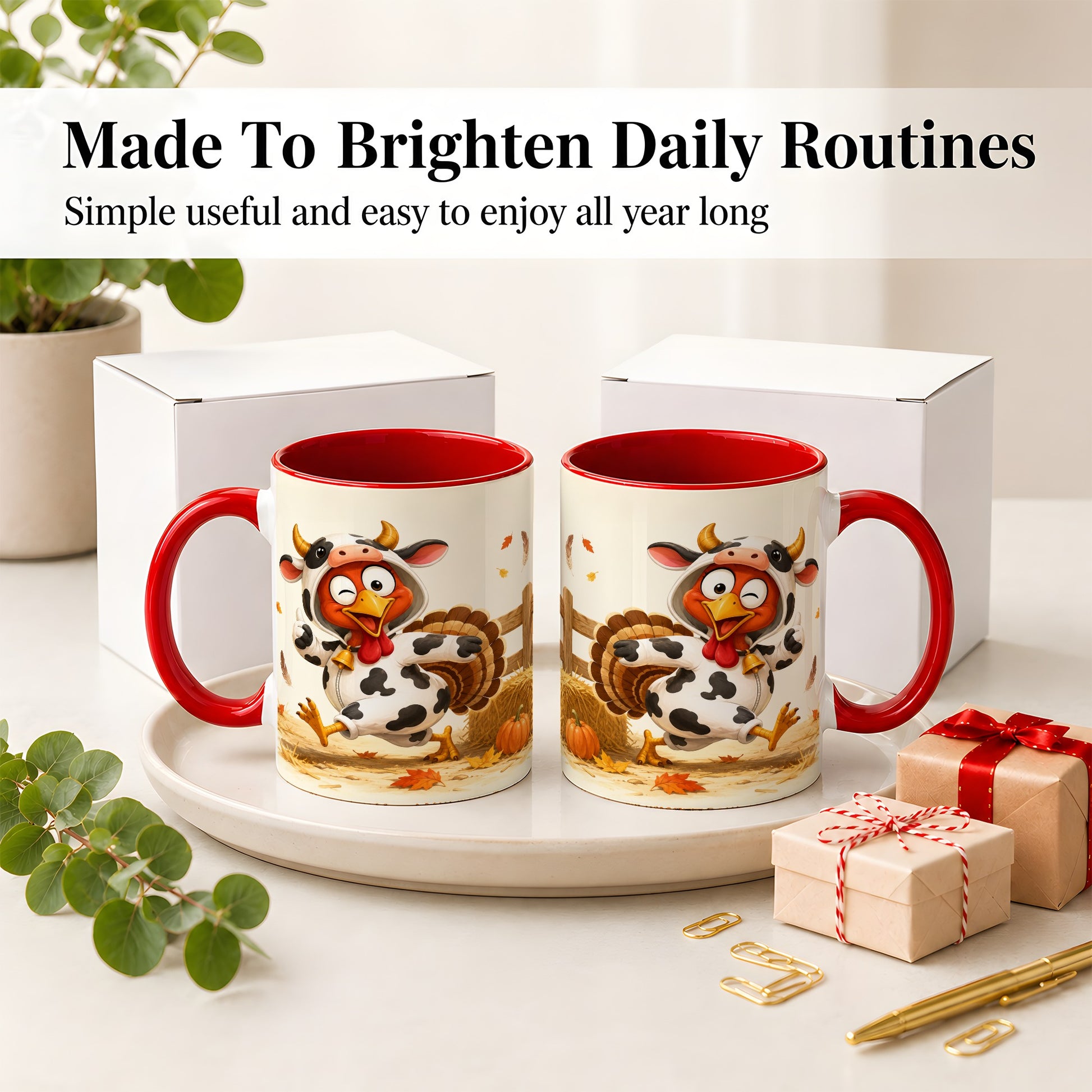 #pl[11oz|Red] Funny Turkey Accent Mug, Ceramic Mug with Cow Costume Fall Artwork
