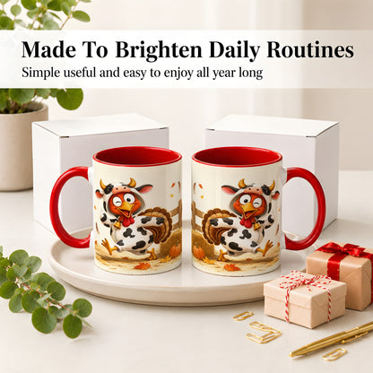 #pl[11oz|Red] Funny Turkey Accent Mug, Ceramic Mug with Cow Costume Fall Artwork
