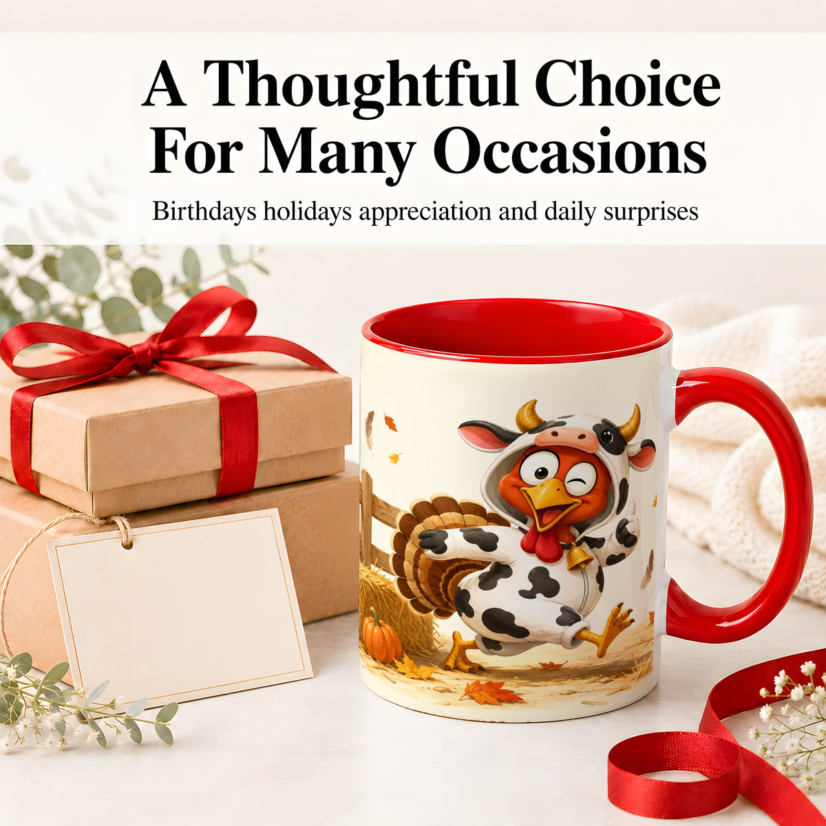 #pl[11oz|Red] Funny Turkey Accent Mug, Ceramic Mug with Cow Costume Fall Artwork