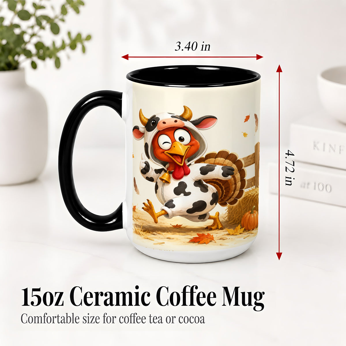 #pl[15oz|Black] Funny Turkey Accent Mug, Ceramic Mug with Cow Costume Fall Artwork
