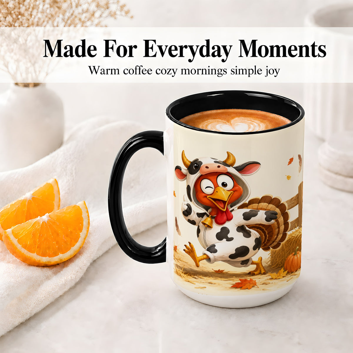 #pl[15oz|Black] Funny Turkey Accent Mug, Ceramic Mug with Cow Costume Fall Artwork