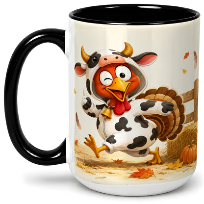#pl[15oz|Black] Funny Turkey Accent Mug, Ceramic Mug with Cow Costume Fall Artwork