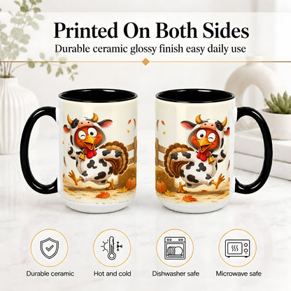 #pl[15oz|Black] Funny Turkey Accent Mug, Ceramic Mug with Cow Costume Fall Artwork