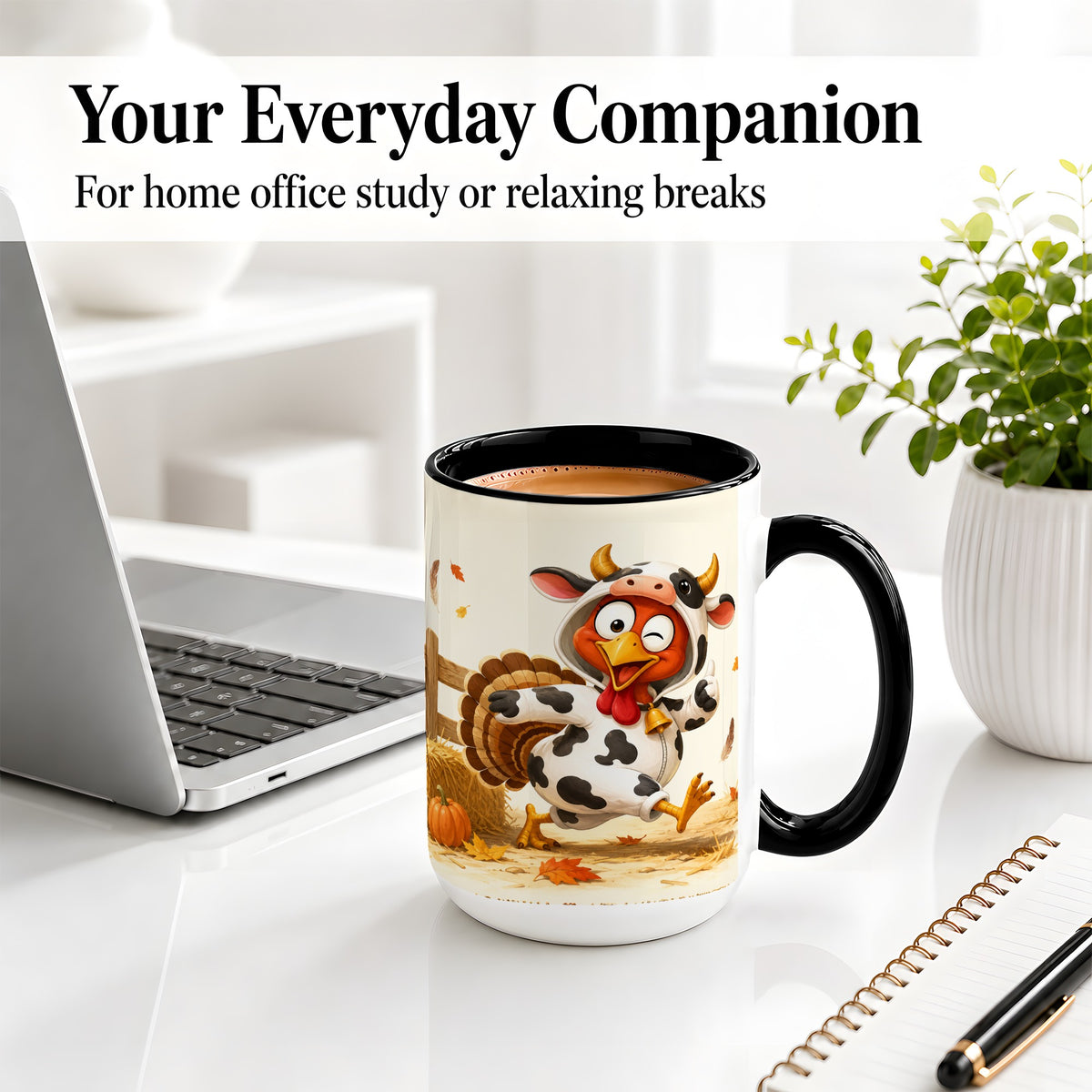 #pl[15oz|Black] Funny Turkey Accent Mug, Ceramic Mug with Cow Costume Fall Artwork