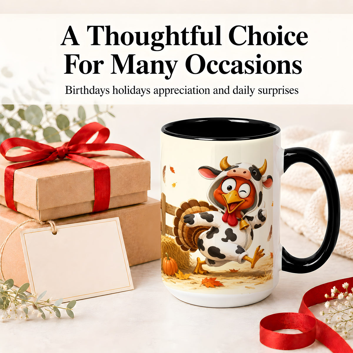#pl[15oz|Black] Funny Turkey Accent Mug, Ceramic Mug with Cow Costume Fall Artwork
