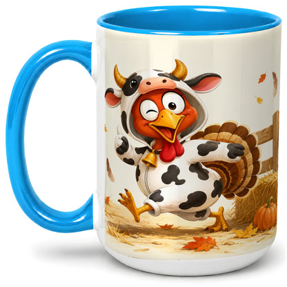 #pl[15oz|Blue] Funny Turkey Accent Mug, Ceramic Mug with Cow Costume Fall Artwork