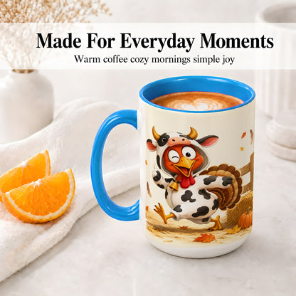 #pl[15oz|Blue] Funny Turkey Accent Mug, Ceramic Mug with Cow Costume Fall Artwork