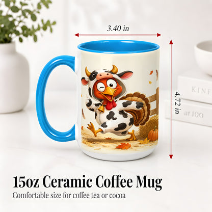 #pl[15oz|Blue] Funny Turkey Accent Mug, Ceramic Mug with Cow Costume Fall Artwork