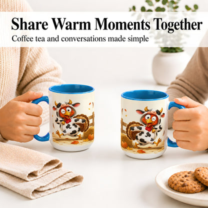 #pl[15oz|Blue] Funny Turkey Accent Mug, Ceramic Mug with Cow Costume Fall Artwork