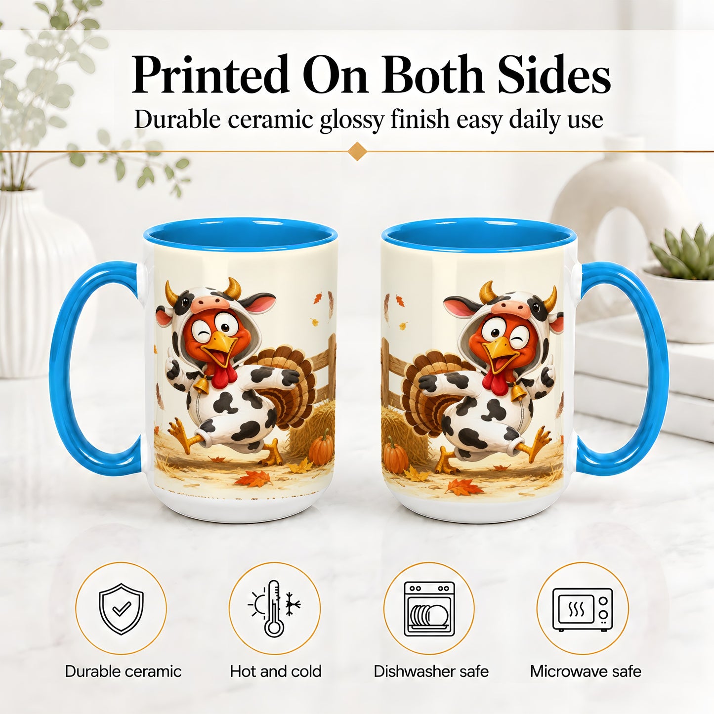 #pl[15oz|Blue] Funny Turkey Accent Mug, Ceramic Mug with Cow Costume Fall Artwork