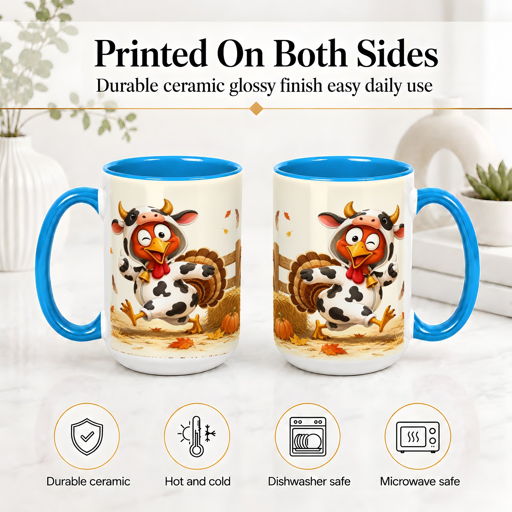 #pl[15oz|Blue] Funny Turkey Accent Mug, Ceramic Mug with Cow Costume Fall Artwork