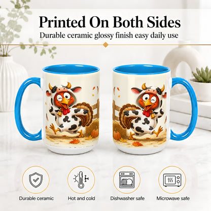 #pl[15oz|Blue] Funny Turkey Accent Mug, Ceramic Mug with Cow Costume Fall Artwork