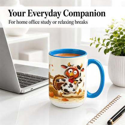 #pl[15oz|Blue] Funny Turkey Accent Mug, Ceramic Mug with Cow Costume Fall Artwork