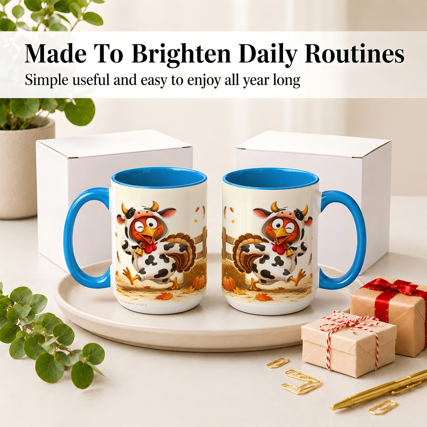 #pl[15oz|Blue] Funny Turkey Accent Mug, Ceramic Mug with Cow Costume Fall Artwork