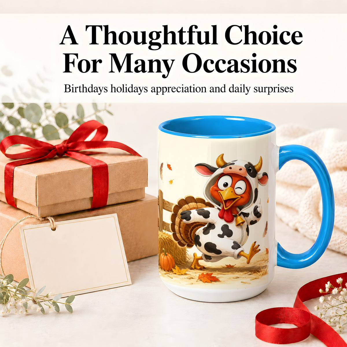 #pl[15oz|Blue] Funny Turkey Accent Mug, Ceramic Mug with Cow Costume Fall Artwork