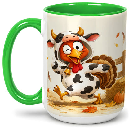 #pl[15oz|Green] Funny Turkey Accent Mug, Ceramic Mug with Cow Costume Fall Artwork