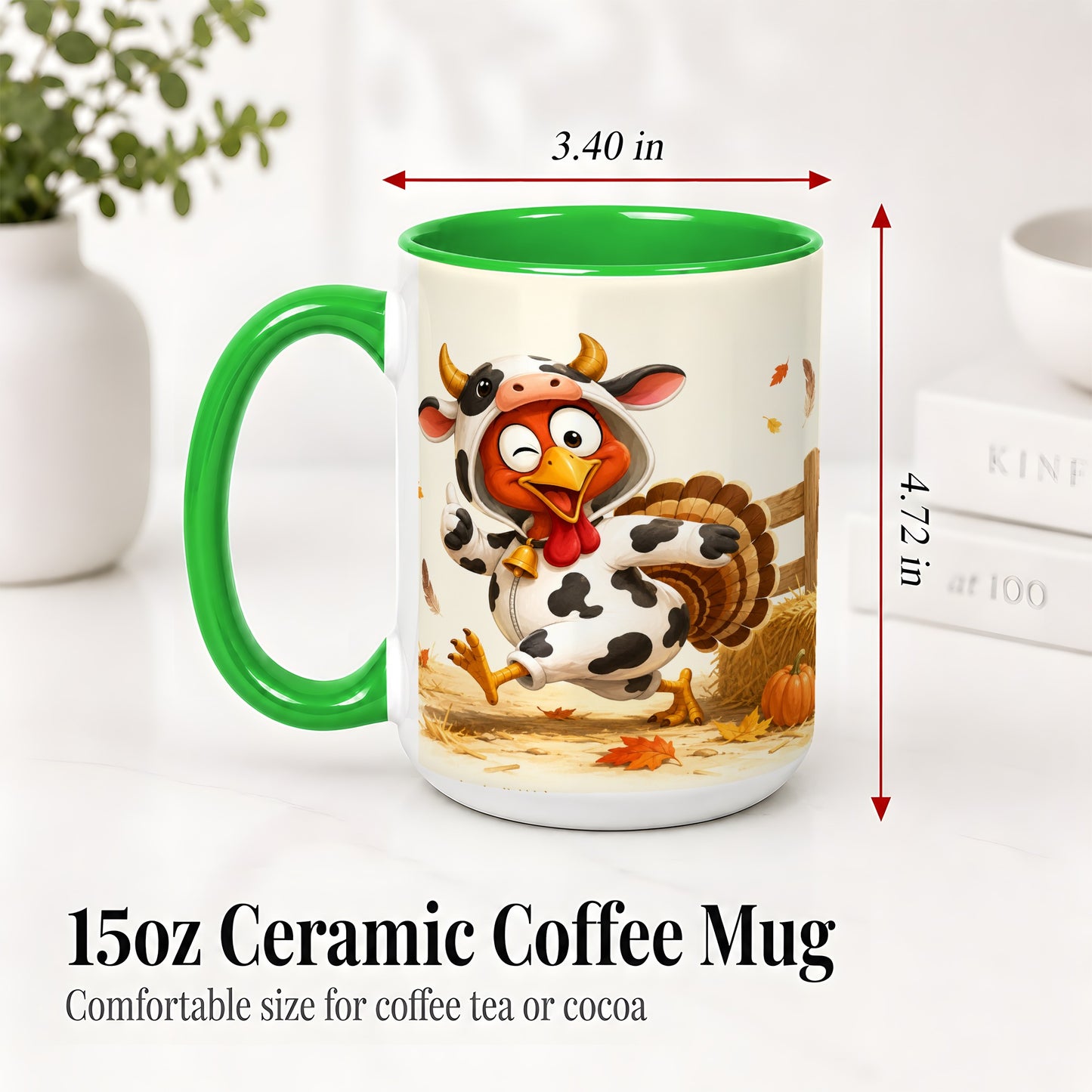 #pl[15oz|Green] Funny Turkey Accent Mug, Ceramic Mug with Cow Costume Fall Artwork
